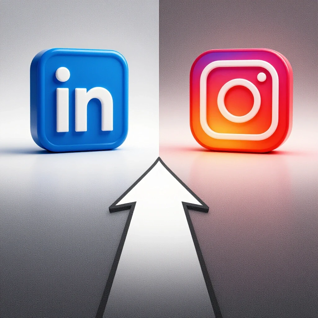A split-image design contrasting the LinkedIn logo's sleek professionalism and the vibrant energy of the Instagram logo.