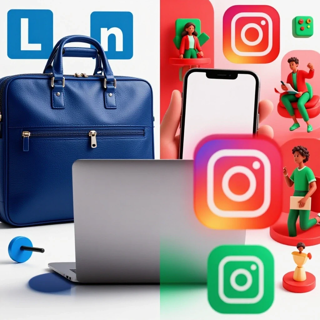 A split-screen image comparing LinkedIn and Instagram for recruiting, featuring a briefcase and laptop on one side and a smartphone on the other.