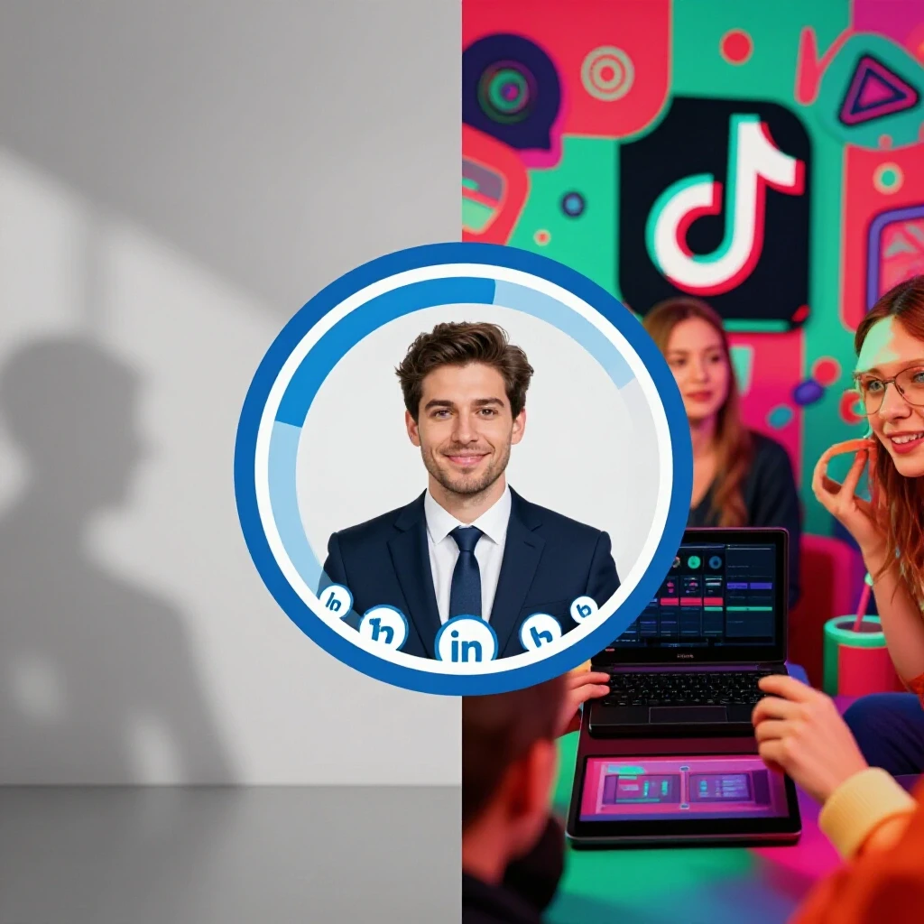 A comparison image contrasting a professional LinkedIn profile with a lively TikTok scene, emphasizing B2B content differences.