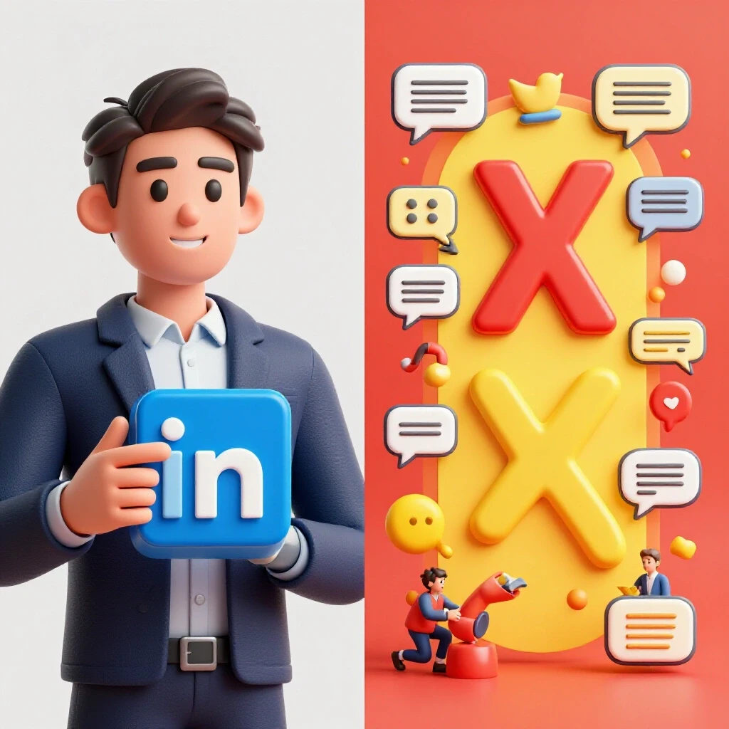 Split-screen comparison of LinkedIn and X interfaces, highlighting professional engagement vs casual discussions.