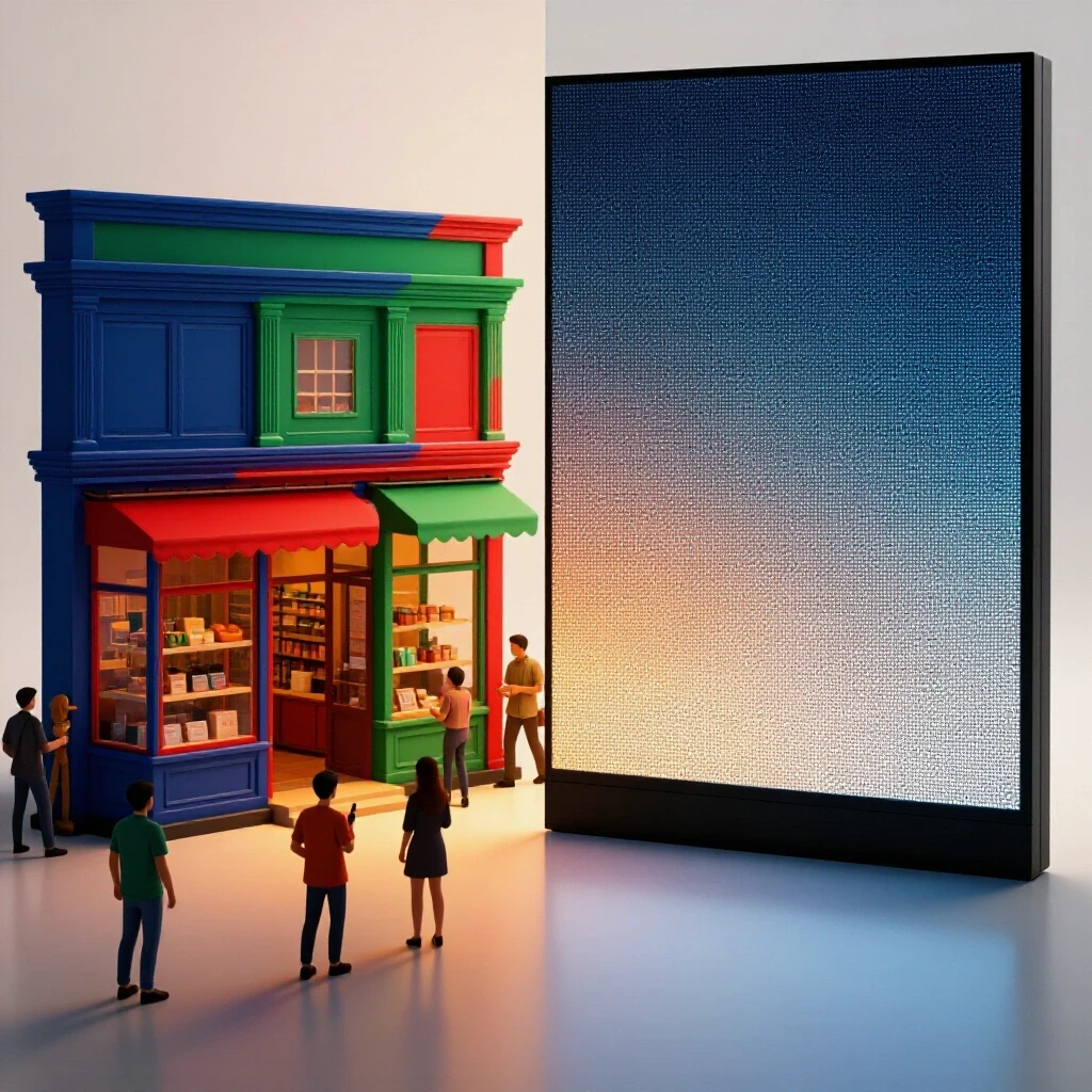 A vibrant storefront filled with people on the left contrasting with an empty digital screen on the right, illustrating engagement versus disconnect.