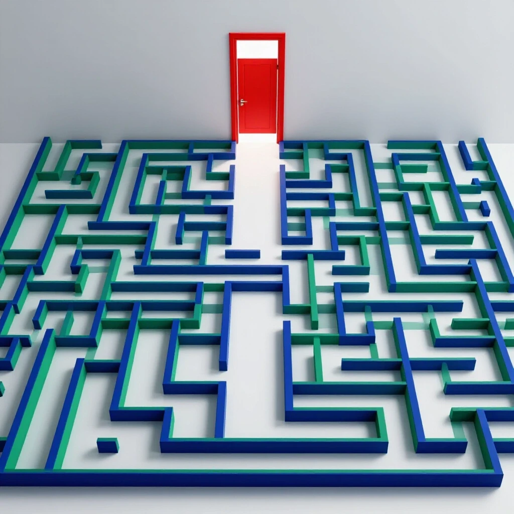 A visually striking representation of a winding maze leading to a vibrant office door, symbolizing client onboarding complexities.