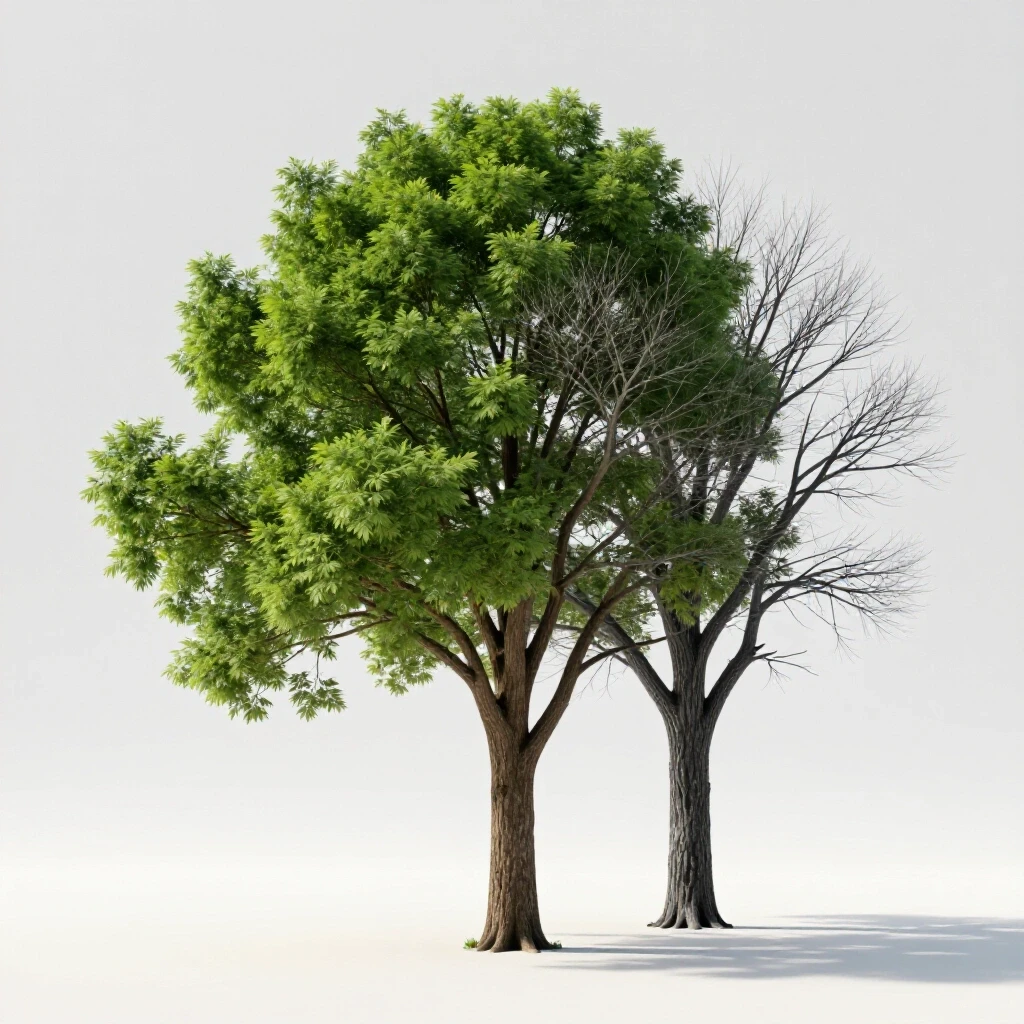 A split image showcasing a lush green tree representing growth against a lifeless gray tree symbolizing stagnation, in a bright studio setting.