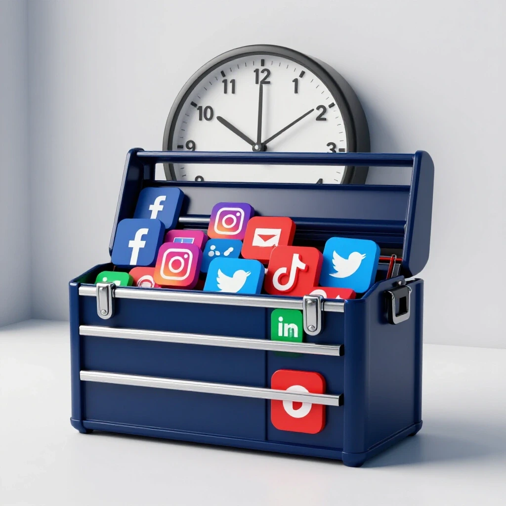 A vibrant toolbox filled with social media icons set against a ticking clock background in a bright studio.