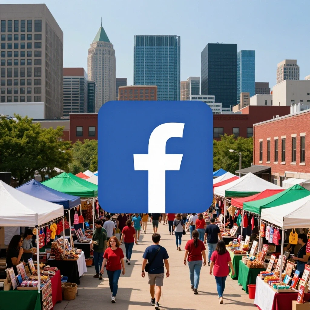 A vibrant depiction of Louisville's bustling marketplace with a large Facebook logo, showcasing diverse products and shoppers.
