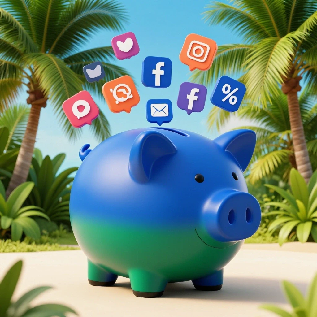 A vibrant 3D piggy bank surrounded by social media icons against a bright tropical background, symbolizing low-cost Facebook ads.