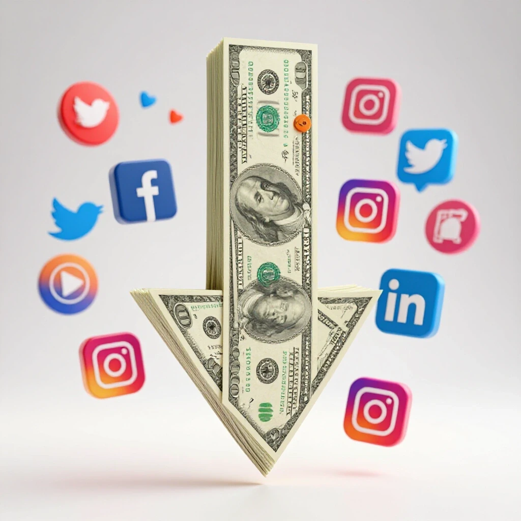 A 3D image of a downward-pointing arrow made of dollar bills and vibrant social media icons, signifying cost reduction.