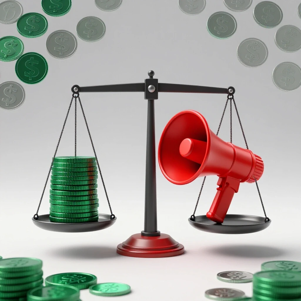 A scale balancing a stack of emerald green coins on one side and a crimson red megaphone on the other, symbolizing ad cost efficiency vs reach.