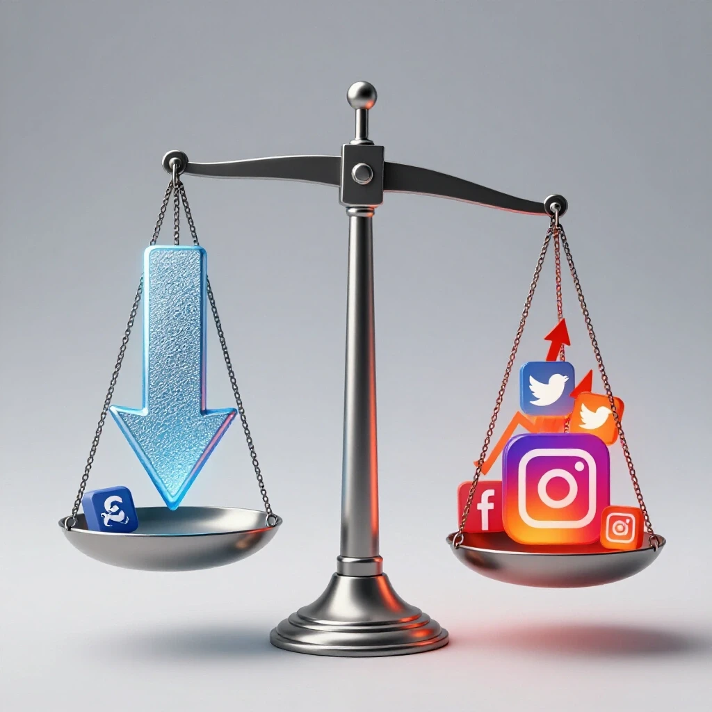 A balancing scale illustrating lower CPM with a downward arrow and vibrant social media icons on the opposite side, set against a bright background.