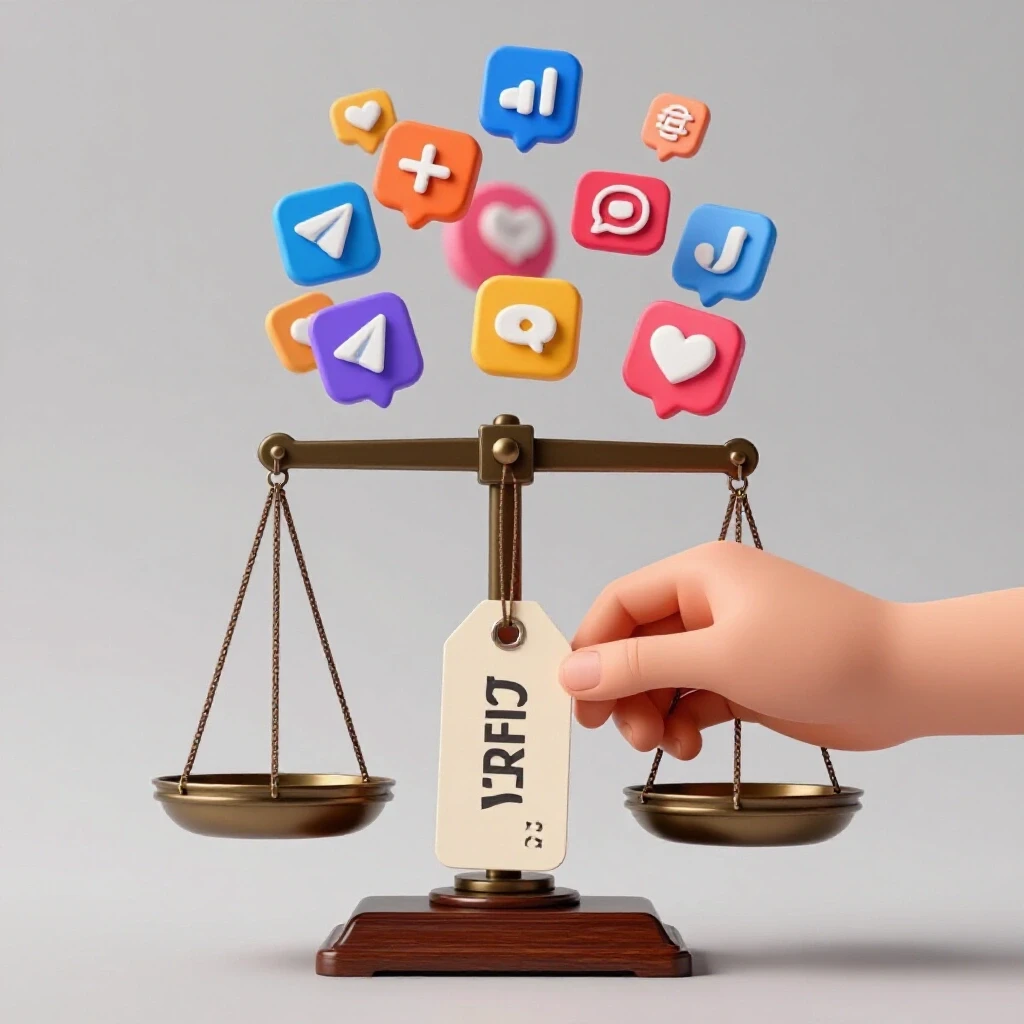 A hand lowering a price tag on a vintage scale against a bright background, surrounded by social media icons symbolizing growth.