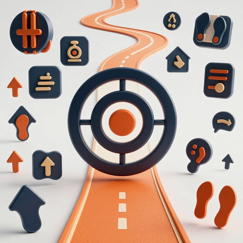 Illustration of a dynamic winding path with retargeting strategy icons, leading to a target symbol, set against a bright background.