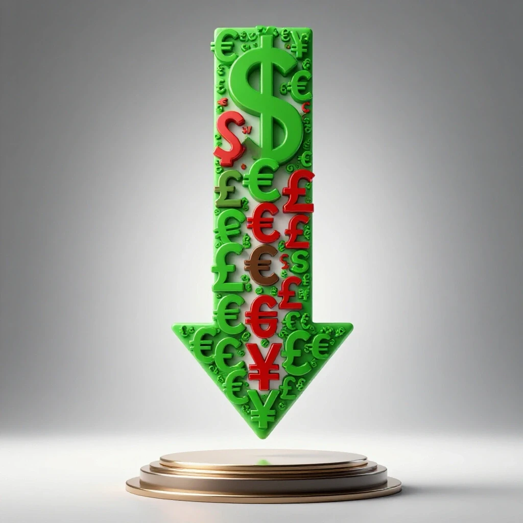 3D-rendered image of a downward arrow made of currency symbols pointing towards an elegant product, symbolizing cost reduction.