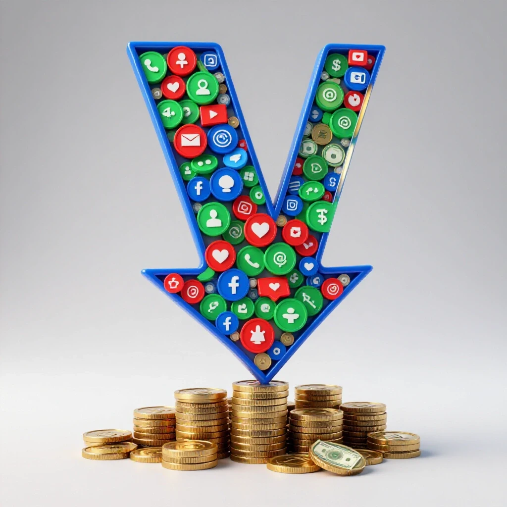 A vivid 3D downward arrow made of social media icons piercing coins and dollar bills, symbolizing cost reduction in ads.