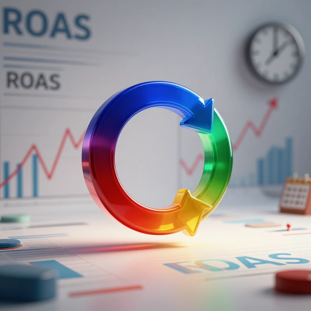 A dynamic circular refresh icon in vibrant colors on a bright background, symbolizing stable ROAS performance.
