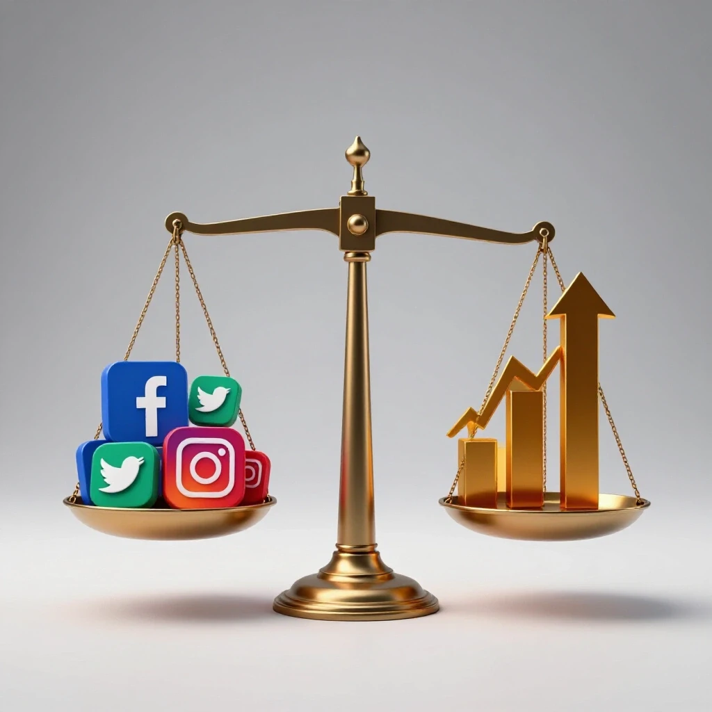 A balanced scale with vibrant social media icons on one side and upward growth symbols on the other, illustrating performance vs. growth.