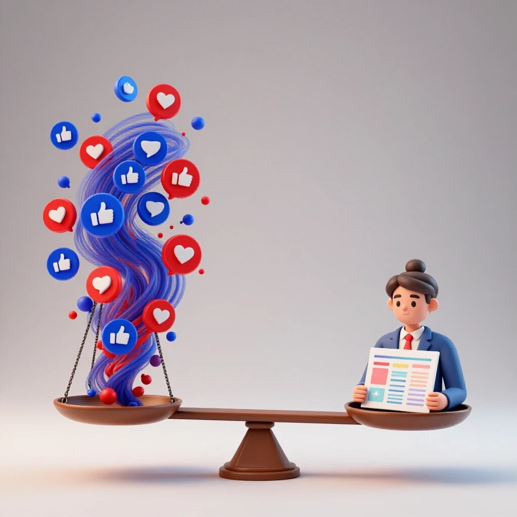 An artistic depiction of a balancing scale contrasting chaotic social media icons versus a calm consultant's organized plan.