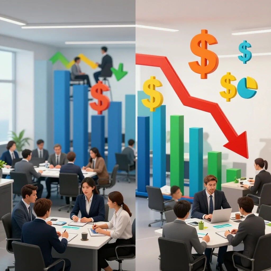 A visually striking split-screen image showing a busy agency office and a graph of rising ad costs juxtaposed with growth symbols.