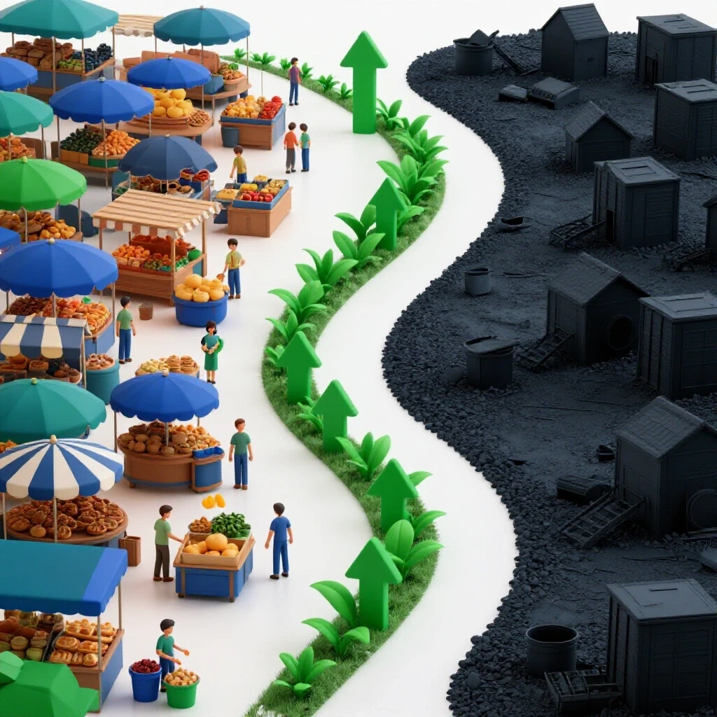A 3D representation of a vibrant marketplace contrasted with a dim recession scene, highlighting growth symbols.