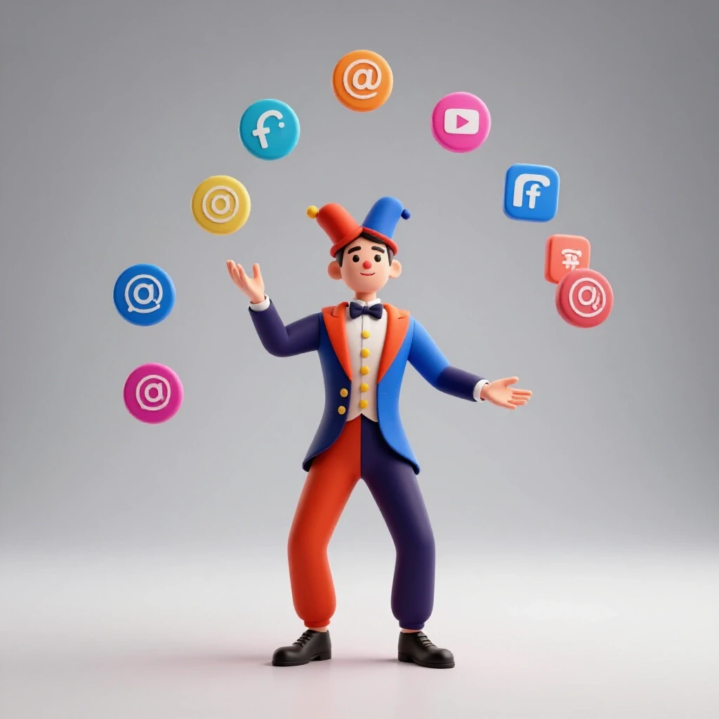 A juggler managing colorful social media icons in mid-air, symbolizing efficient account management.