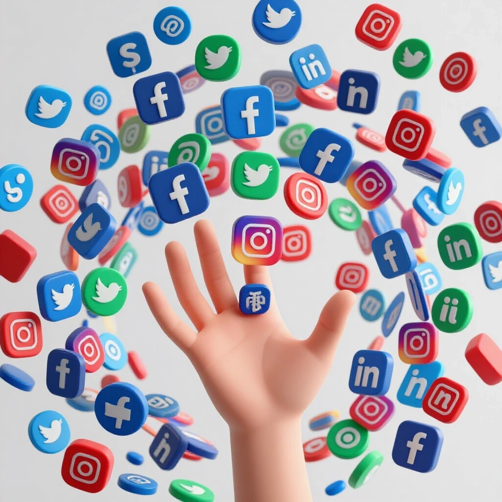 A hand managing swirling colorful social media icons, symbolizing control amidst chaos in social media management.