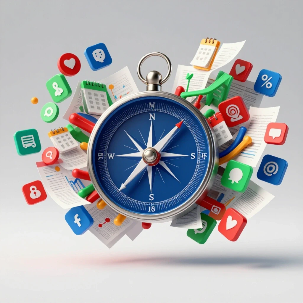 A dynamic compass surrounded by vibrant social media icons and project elements illustrating complexity.