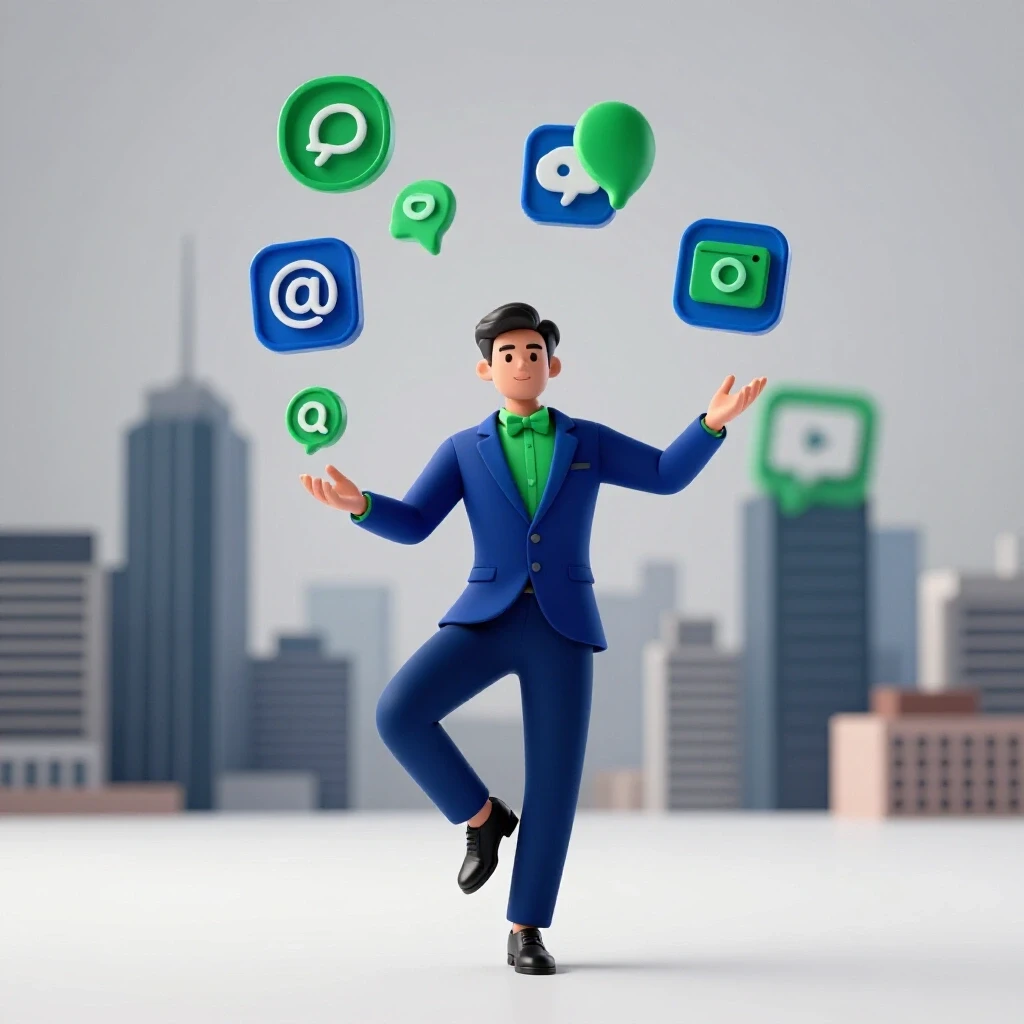 A juggler balancing colorful social media icons against a blurred cityscape, symbolizing digital brand management.