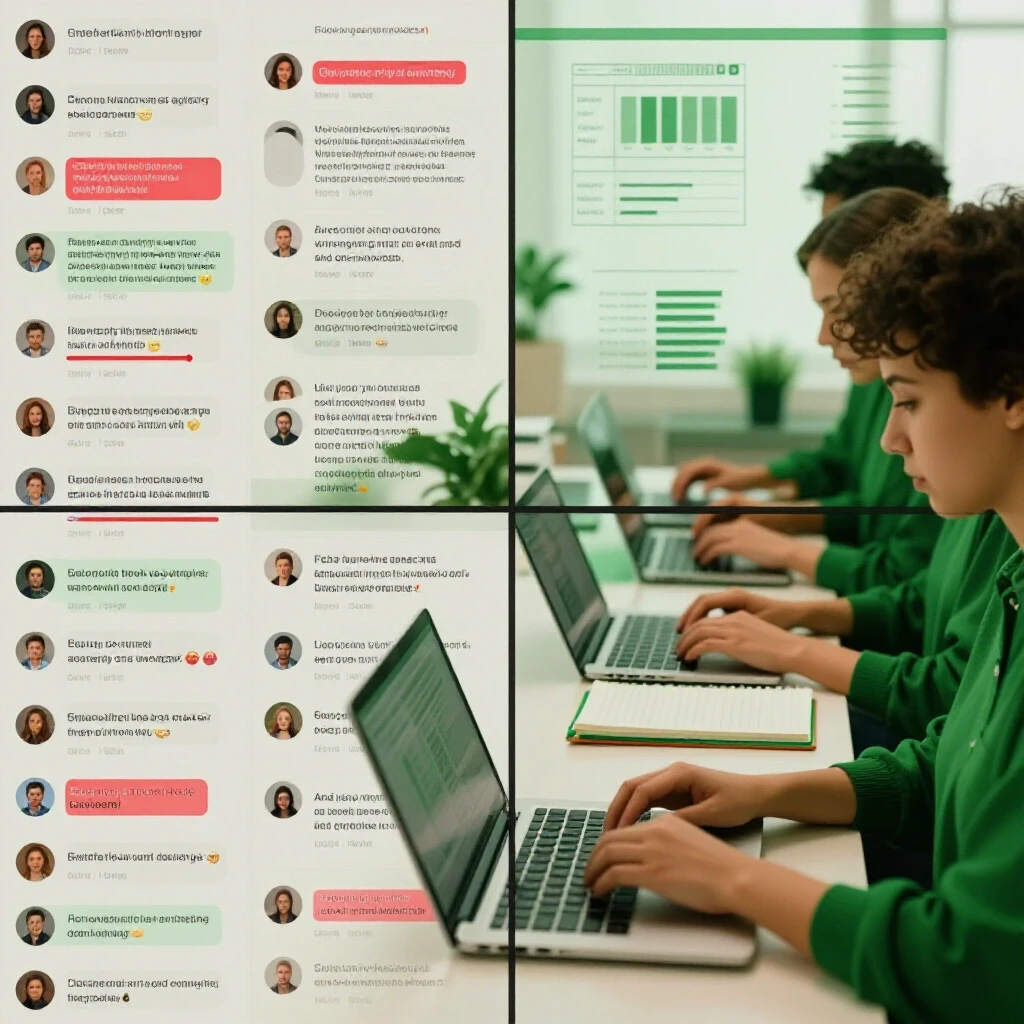 A split-screen image showing chaos of a negative social media feed on one side and a calm response team strategizing on the other.