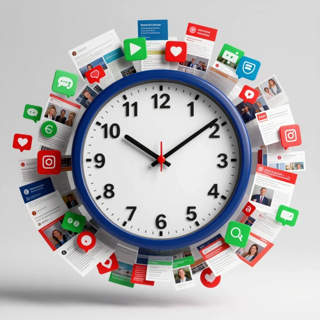 A clock with social media icons as hands, surrounded by colorful social media posts, symbolizing instant results and time pressure.
