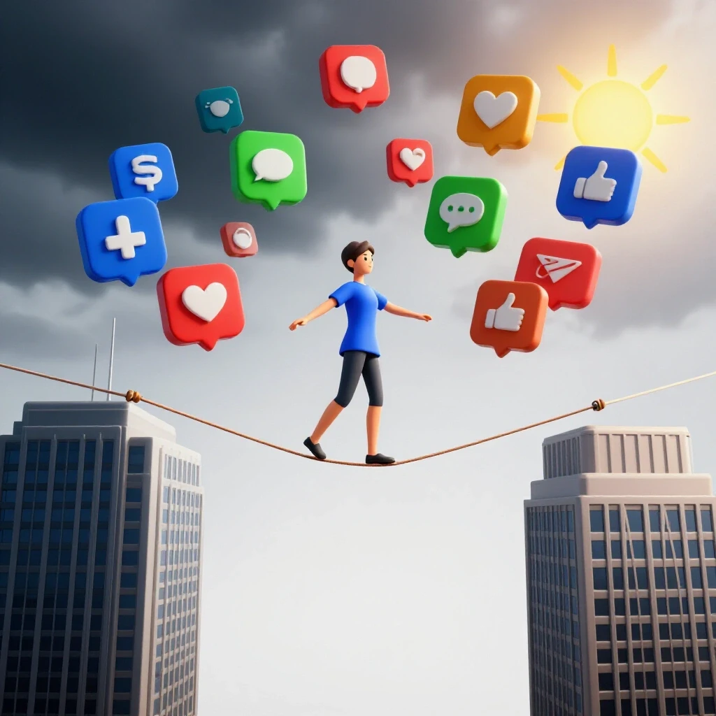 A tightrope walker balances between two skyscrapers with vibrant social media icons above, signifying the challenge of high-pressure launches.