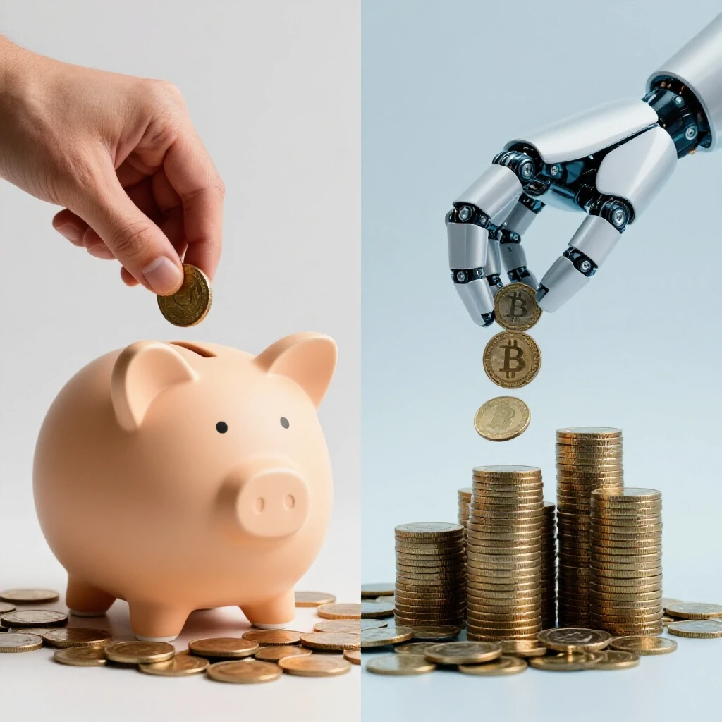 A split image contrasting manual bidding with a hand placing coins in a piggy bank and automated bidding with a robotic hand pouring digital coins.