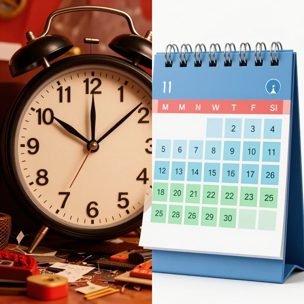 A visual comparison between manual social media posting with a chaotic clock and scheduled posting with a sleek calendar, highlighting their differences.
