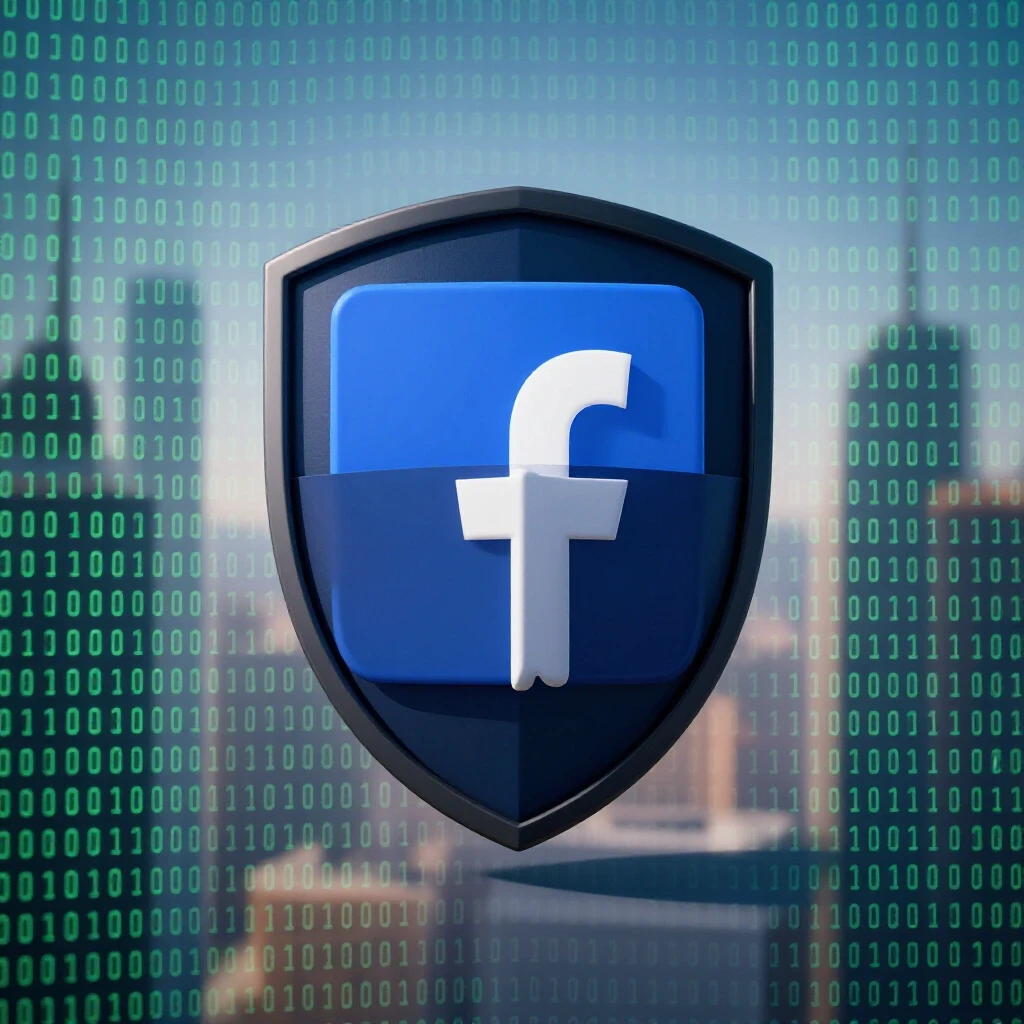 A stylized Facebook logo with a dark mask against a backdrop of binary code, symbolizing digital privacy.