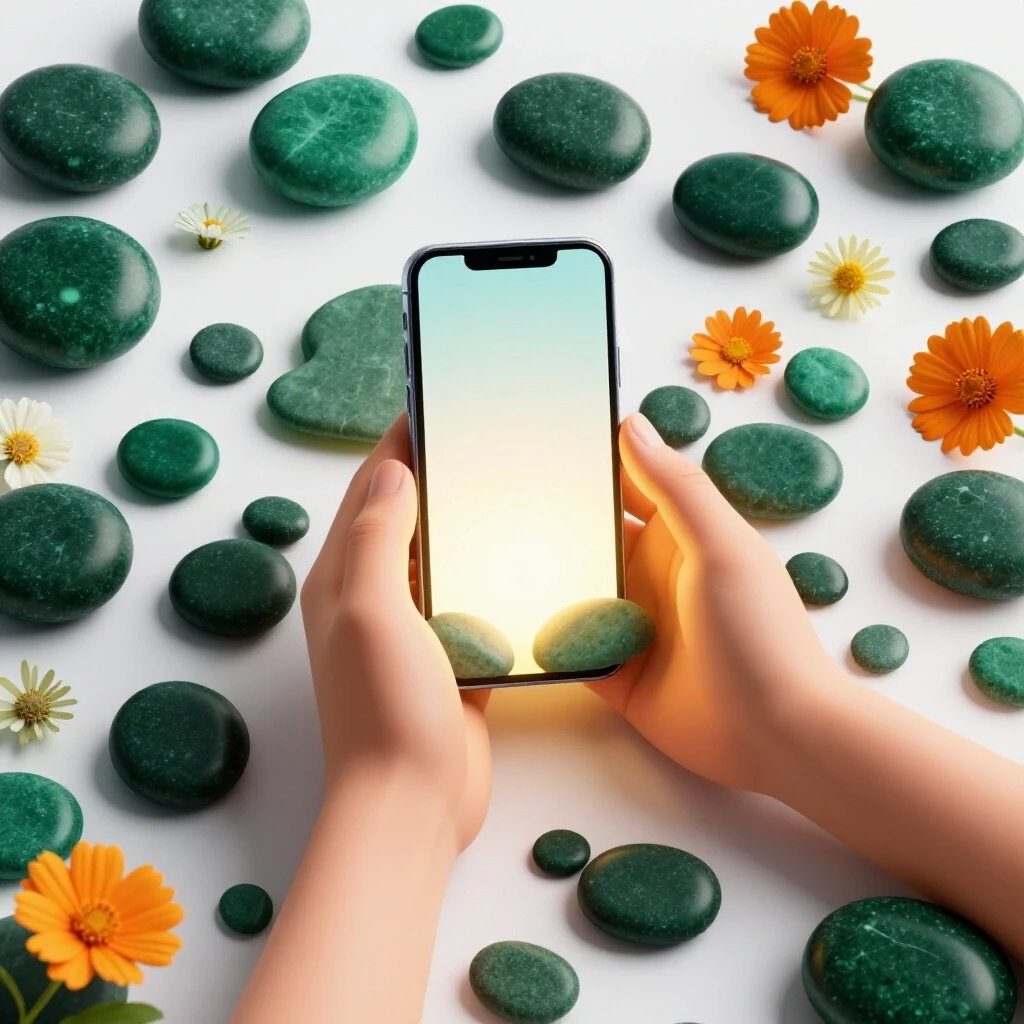A serene still life featuring relaxed hands holding a glowing smartphone, surrounded by calming stones and flowers.