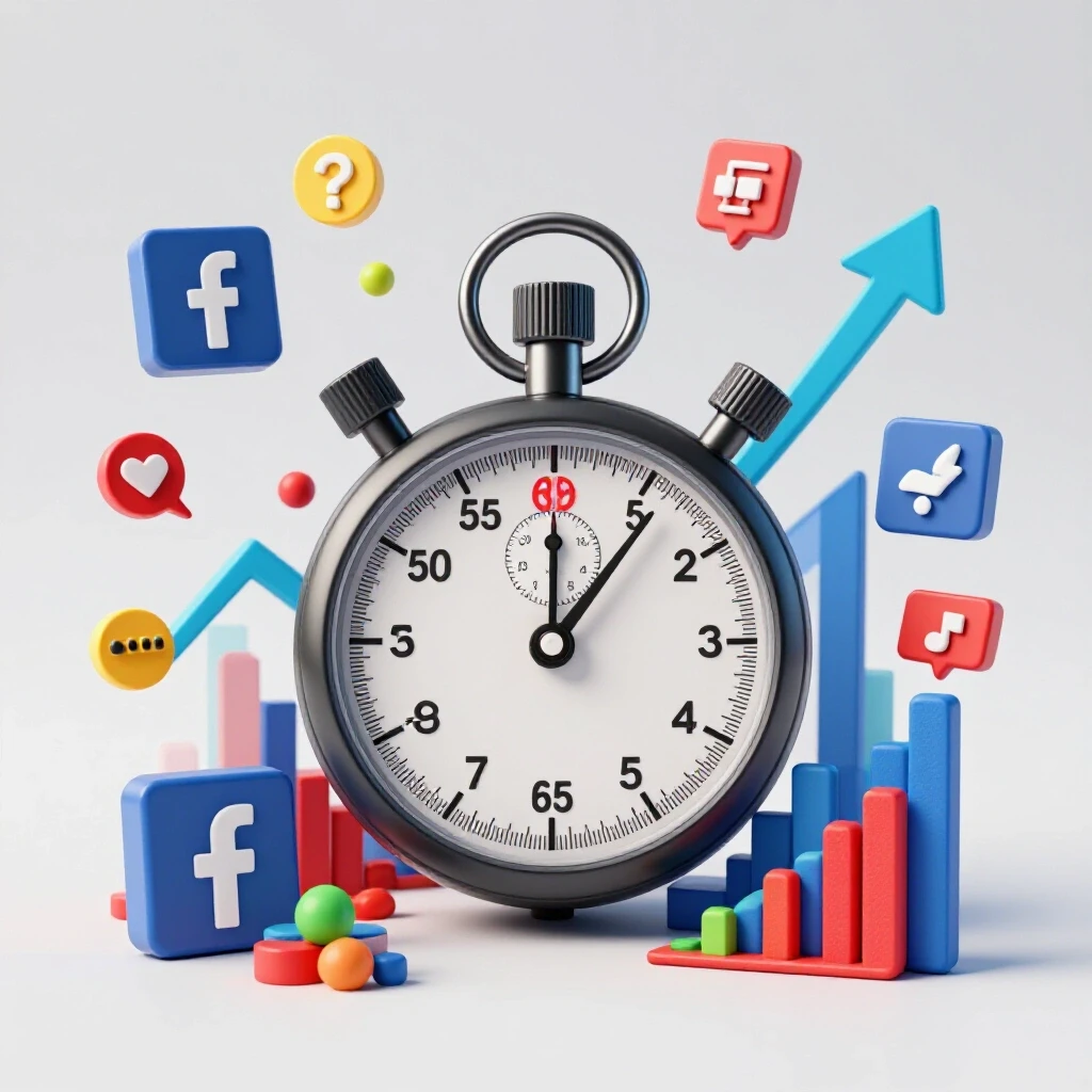 A stopwatch with a vibrant Facebook logo morphing into upward-trending graphs and engagement icons on a light grey background.