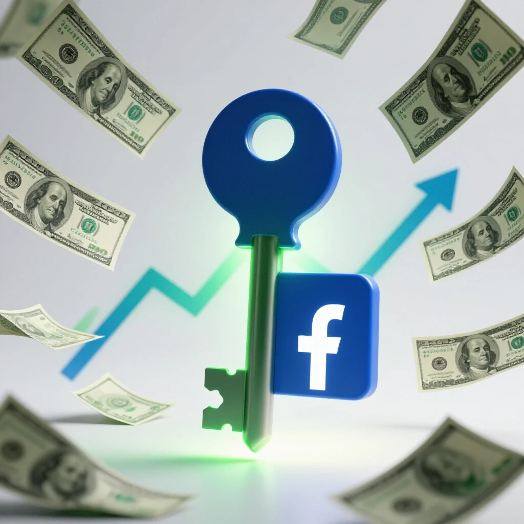 A glowing key unlocking a Facebook logo, surrounded by dollar bills and upward graphs, symbolizes high conversion secrets.