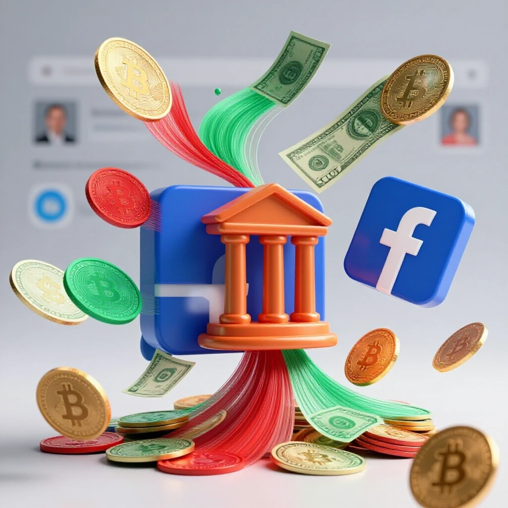 A vibrant 3D illustration of currencies flowing between a Facebook logo and a bank symbol, showcasing digital currency exchange.