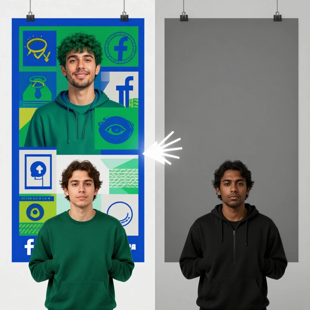 Split-screen image comparing an engaging Facebook ad design with a dull one, highlighting A/B testing differences.