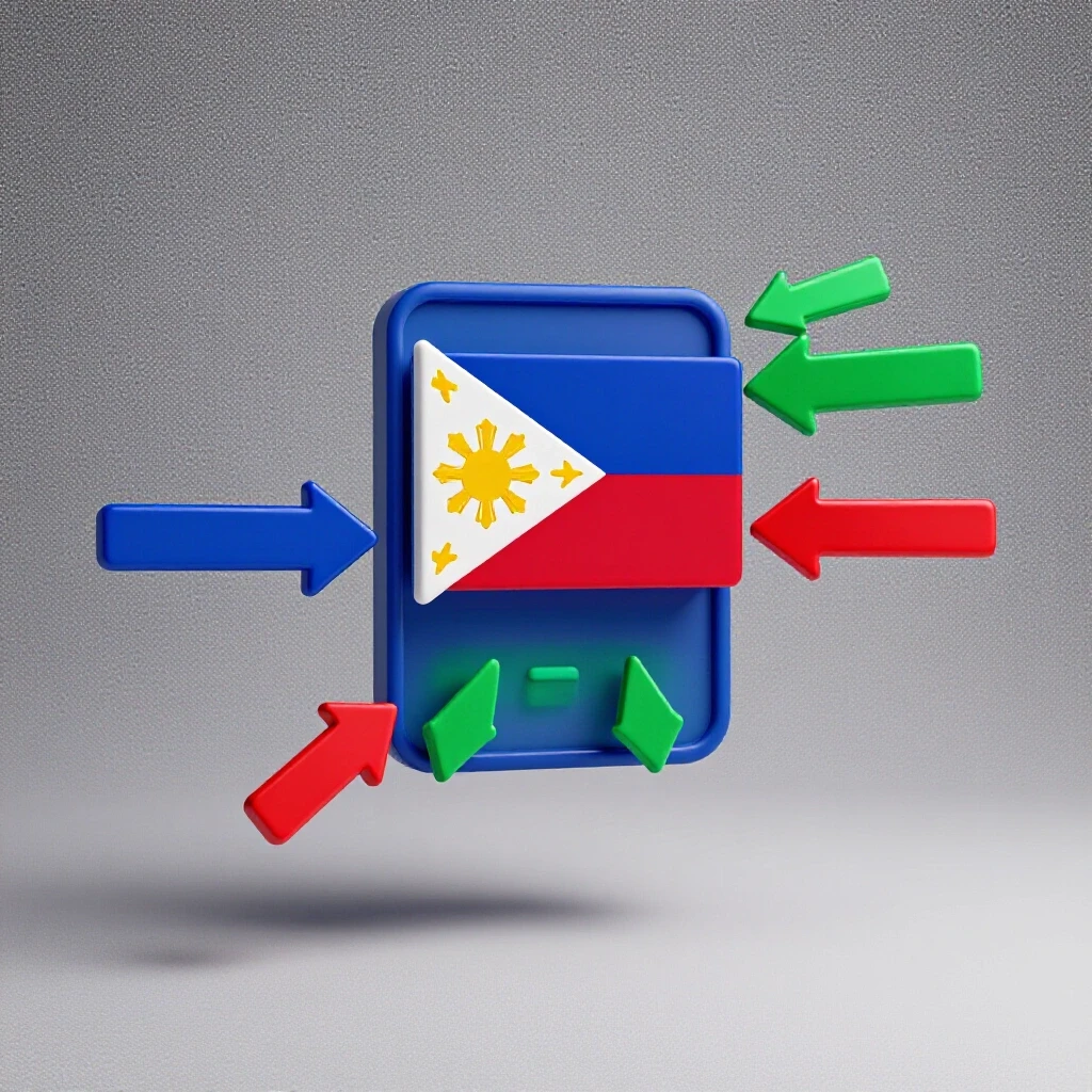 A vivid Facebook ad mockup featuring the Filipino flag and dynamic arrows directing towards clickable links.