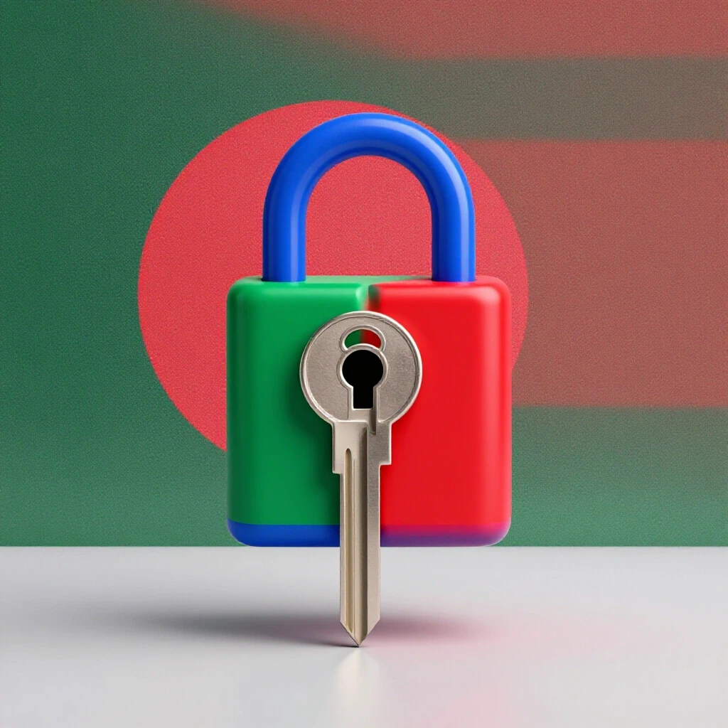 A vibrant key unlocking a colorful Facebook-logo padlock against a blended backdrop of the Bangladesh flag.