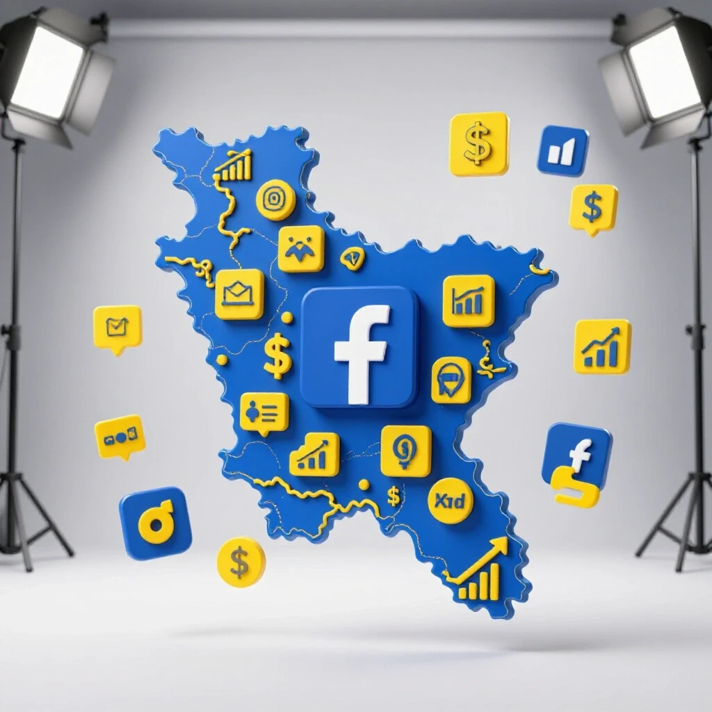 Vibrant 3D-rendered map of Bangladesh with Facebook logo and success icons in a bright studio background
