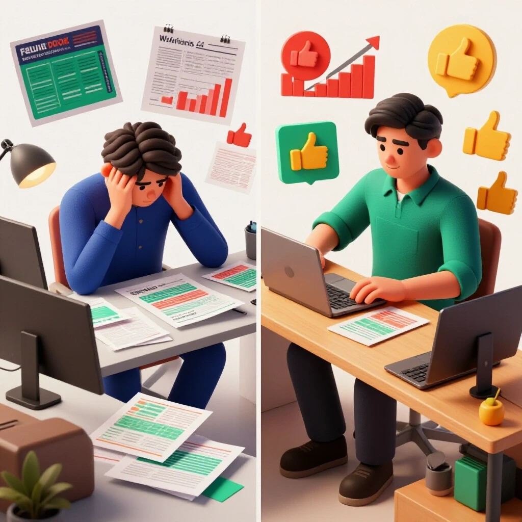 Split screen contrasting chaotic workspace with failed ad drafts and organized area crafting successful Facebook ads.