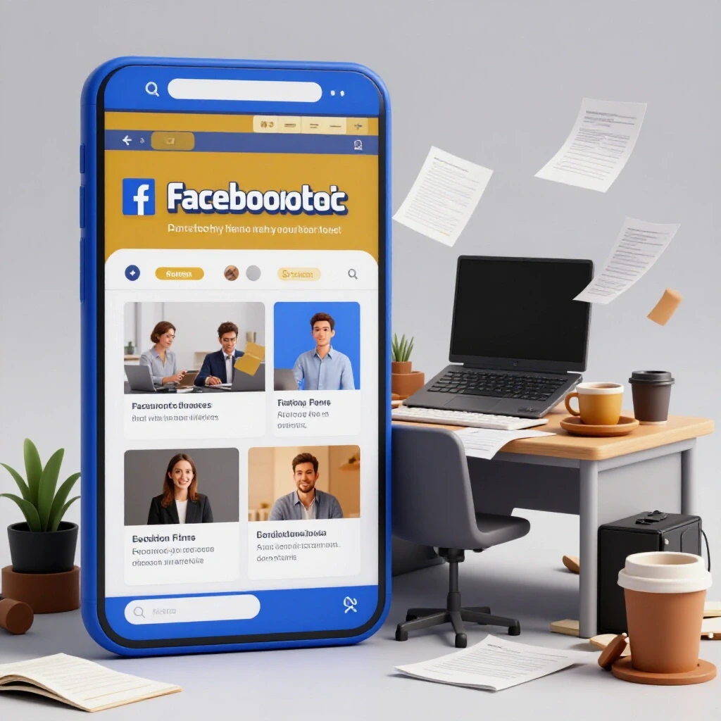 A vibrant Facebook ad interface juxtaposed with a cluttered workspace illustrating clarity in ad copywriting.