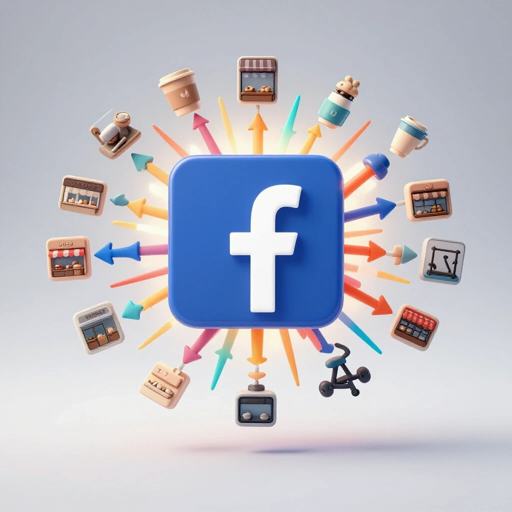 Vibrant Facebook logo surrounded by local business icons and colorful arrows symbolizing growth.
