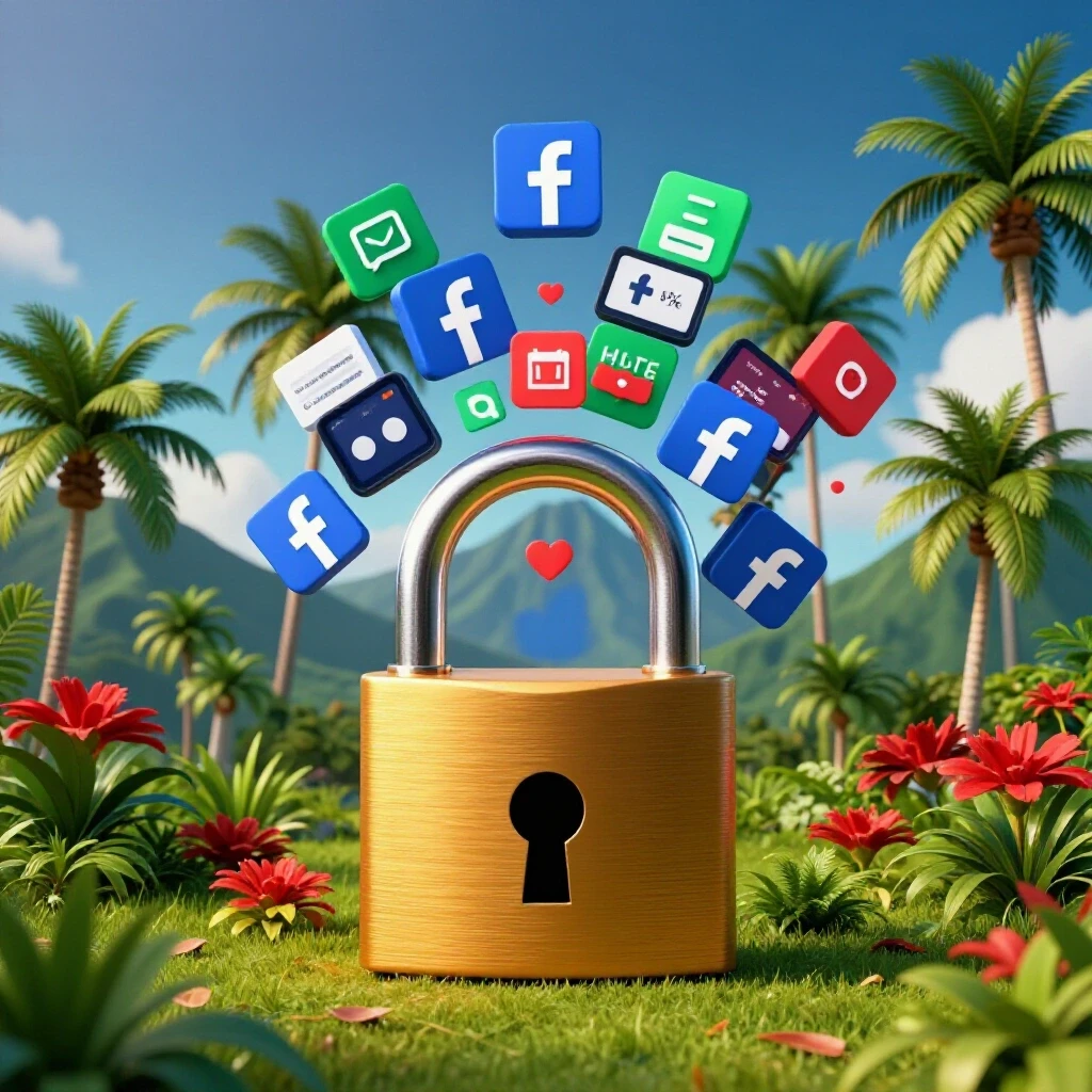 A vibrant tropical landscape featuring an open padlock with Facebook ad formats emerging, symbolizing success in advertising.
