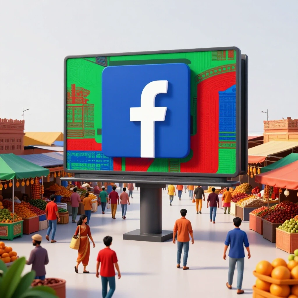 A vibrant Indian marketplace with a large colorful Facebook logo as a billboard, attracting diverse shoppers.