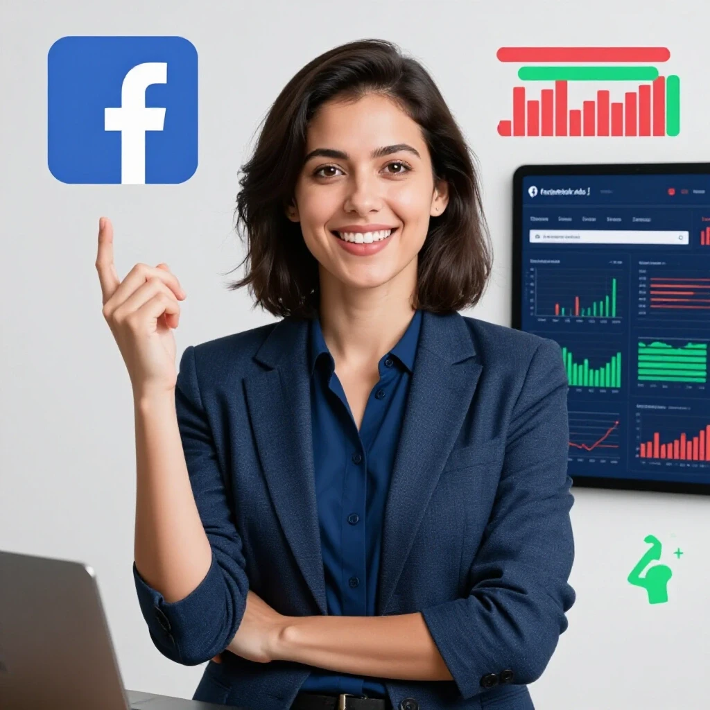 A split-screen image showing a professional in discussion next to a digital interface with Facebook ad analytics, highlighting expertise in digital marketing.