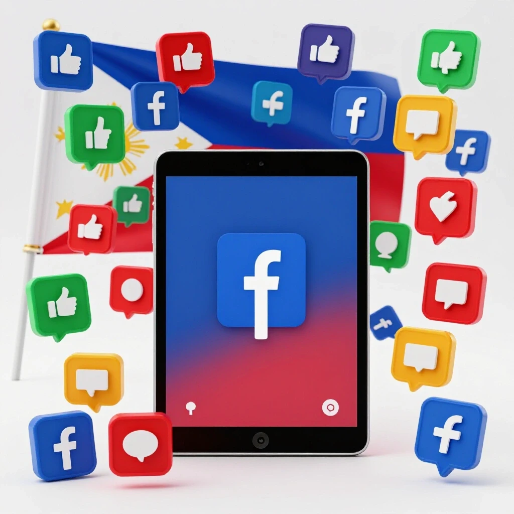 A vibrant iPad surrounded by colorful Facebook ad icons with a subtle Philippine flag background.