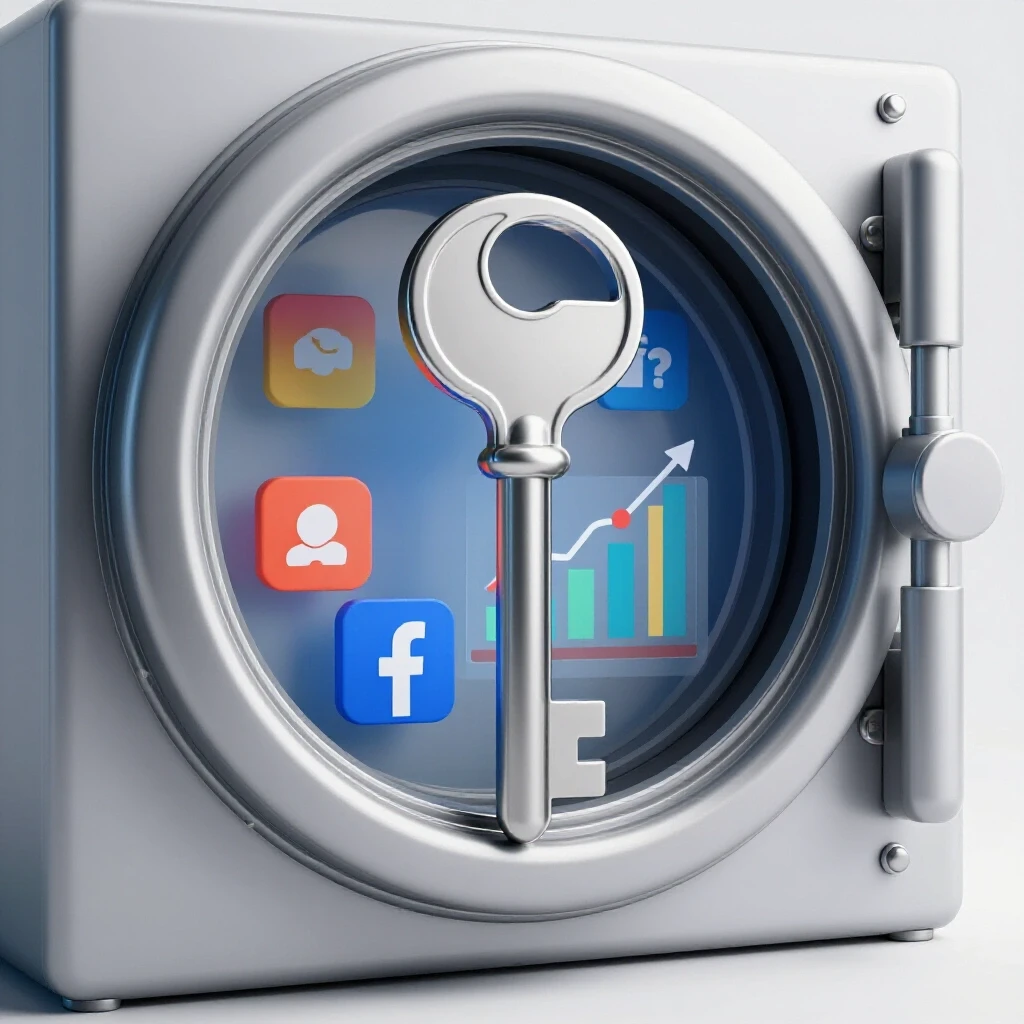 A large key unlocking a digital vault filled with colorful Facebook icons and analytics graphs, surrounded by a bright background.