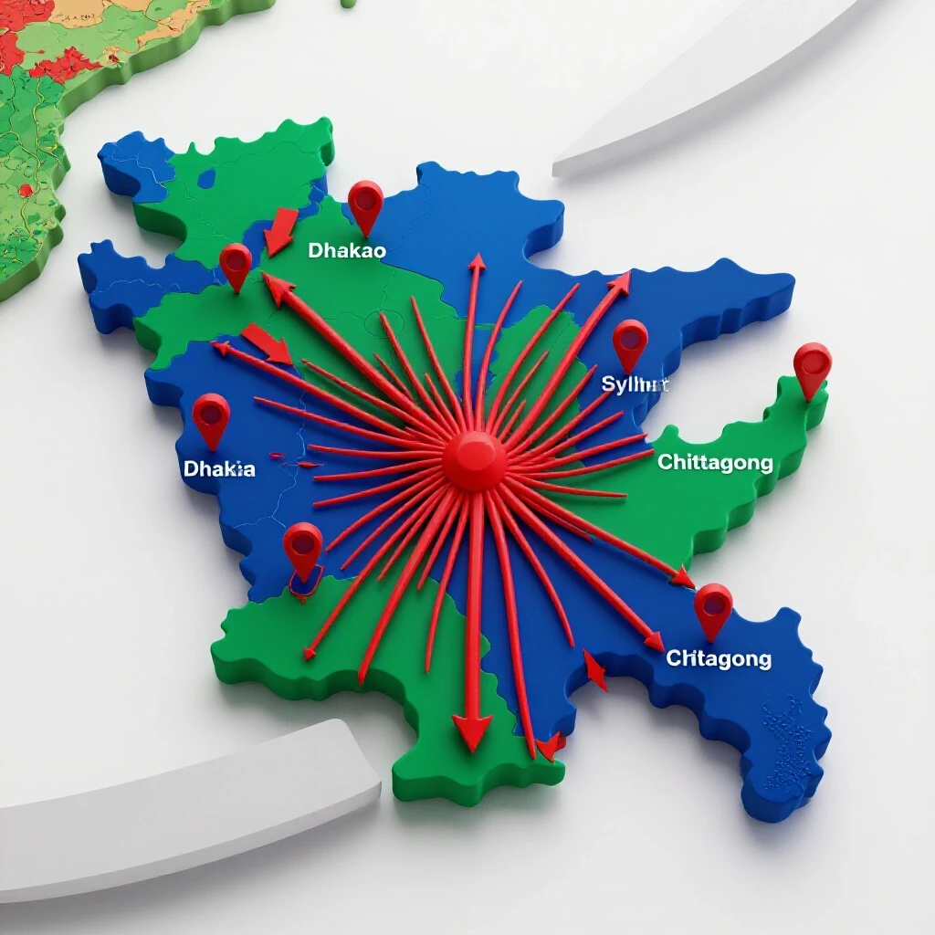 3D map of Bangladesh with bright city markers and dynamic arrows representing Facebook Ads targeting reach.
