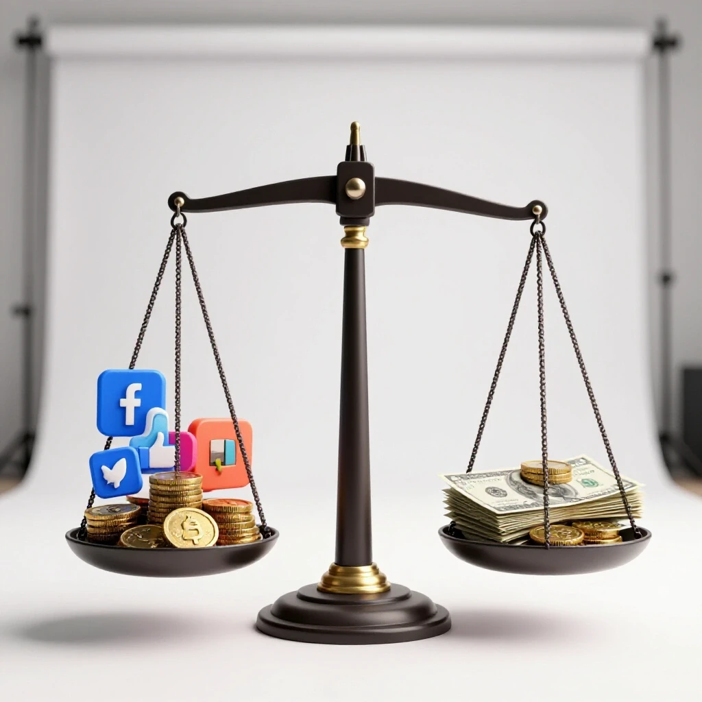 A balanced scale depicting vibrant Facebook ad elements on one side and muted financial symbols on the other, symbolizing balance.
